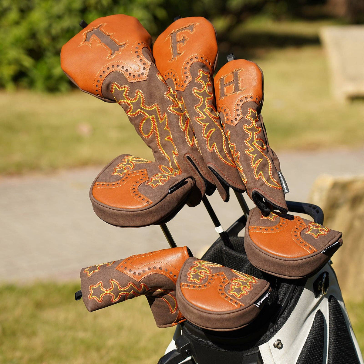 Brown Cowboy Boots Driver Wood Putter Golf Head Cover Set