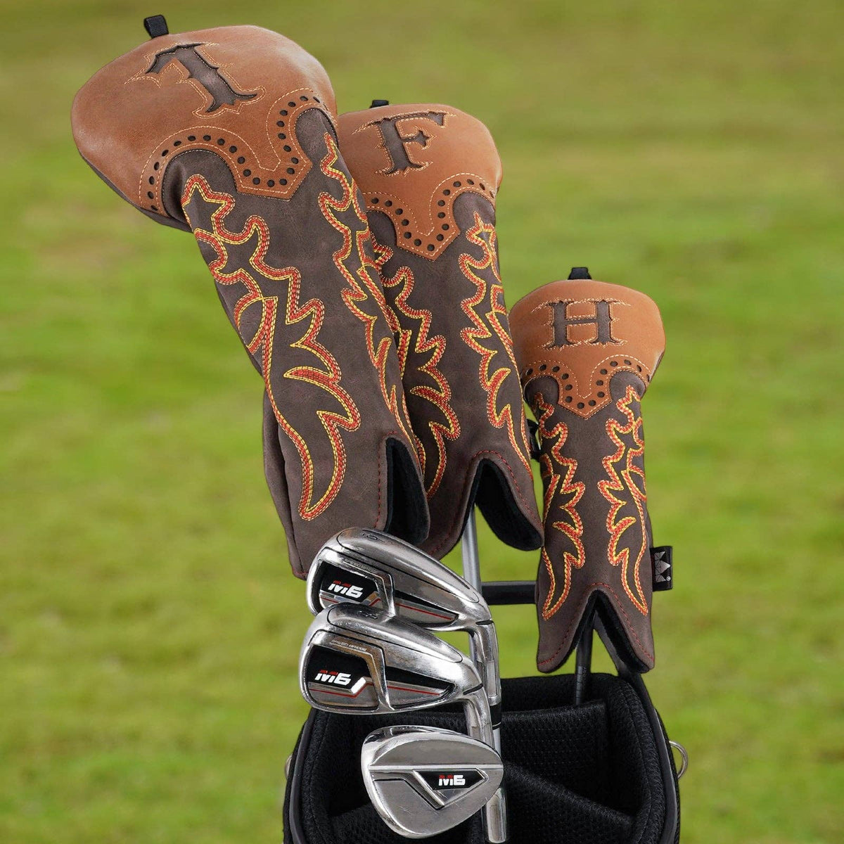 Brown Cowboy Boots Driver Wood Putter Golf Head Cover Set