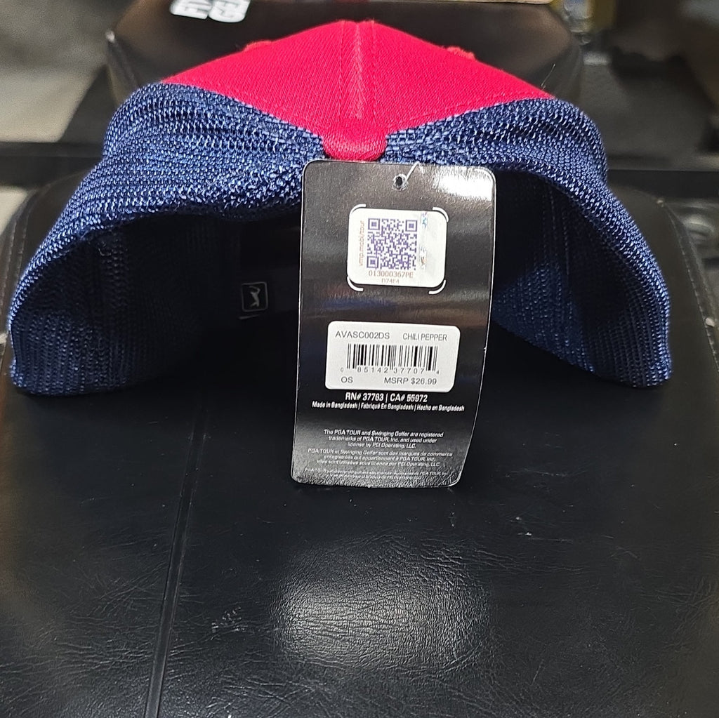 PGA TOUR Red/Blue Mesh Adjustable Snapback Golf Hat One Size Logo