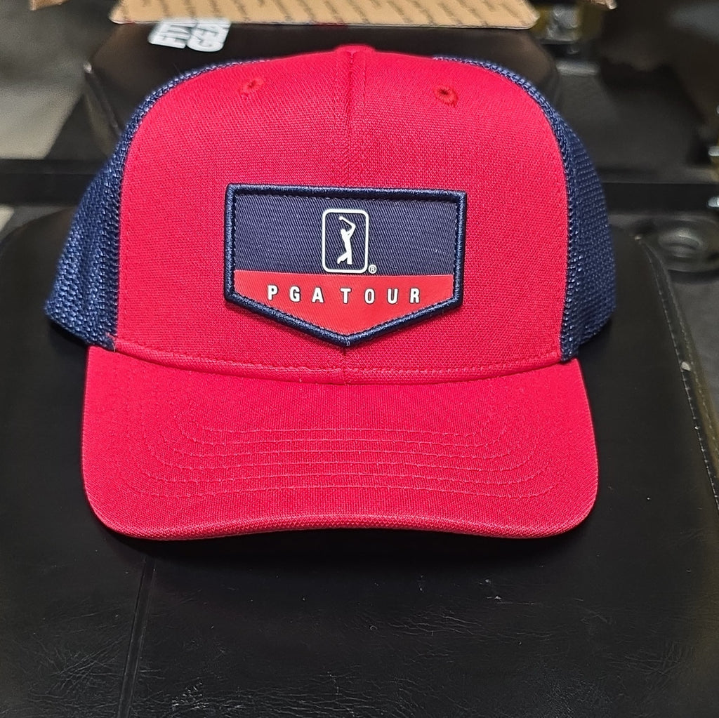PGA TOUR Red/Blue Mesh Adjustable Snapback Golf Hat One Size Logo