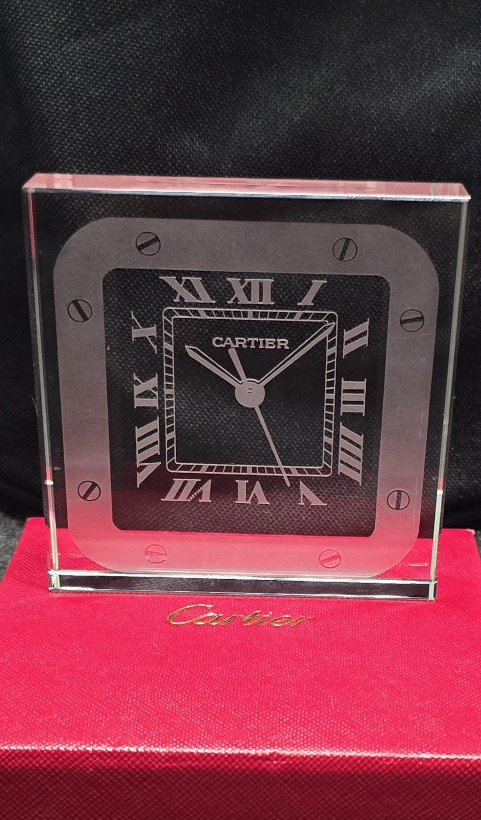 Cartier Santos Motif Crystal Desk Clock Paperweight